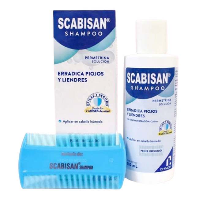 Shampoo Scabisan Permetrina solución 110ml Erradica Piojos y Liendres