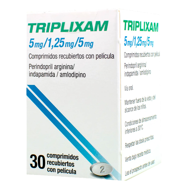 Triplixam 5mg/1.25mg/5mg Perindopril Arginina Indapamida Amlodipino