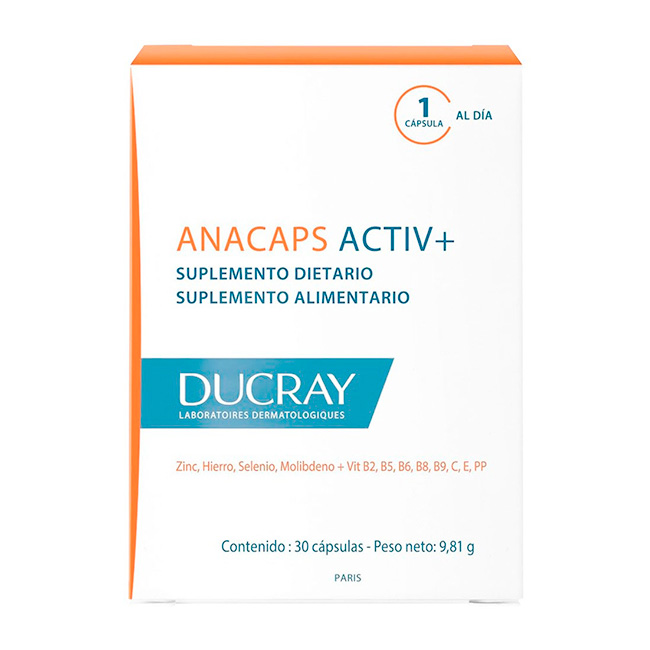 Ducray Anacaps Activ+ Suplemento Alimenticio para Fortalecer el Cabello, Uñas y Cuero Cabelludo (30 cápsulas)