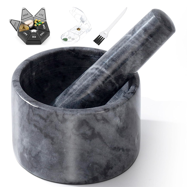 Mortero y Mano de Mortero de Mármol para Triturar Pastillas Alta Resistencia y Molienda Fina
