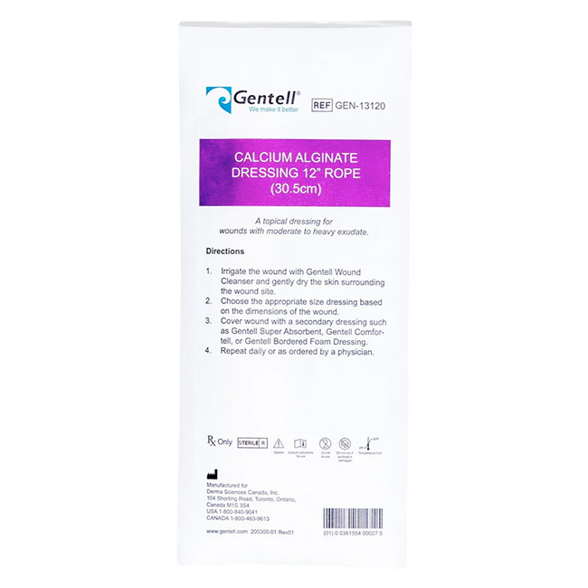 Apósito de Alginato de Calcio en Cuerda 12" (30.5cm) Gentell Para Heridas con Exudado Moderado a Abundante