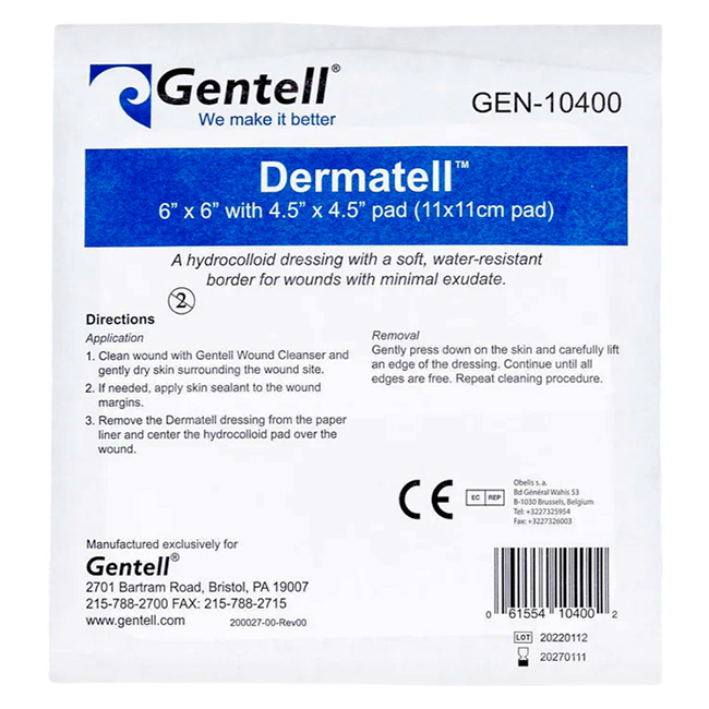 Apósito Hidrocoloide Gentell Dermatell™ 6”x6” con Almohadilla 11x11cm Bordes Resistentes al Agua para Exudado Mínimo