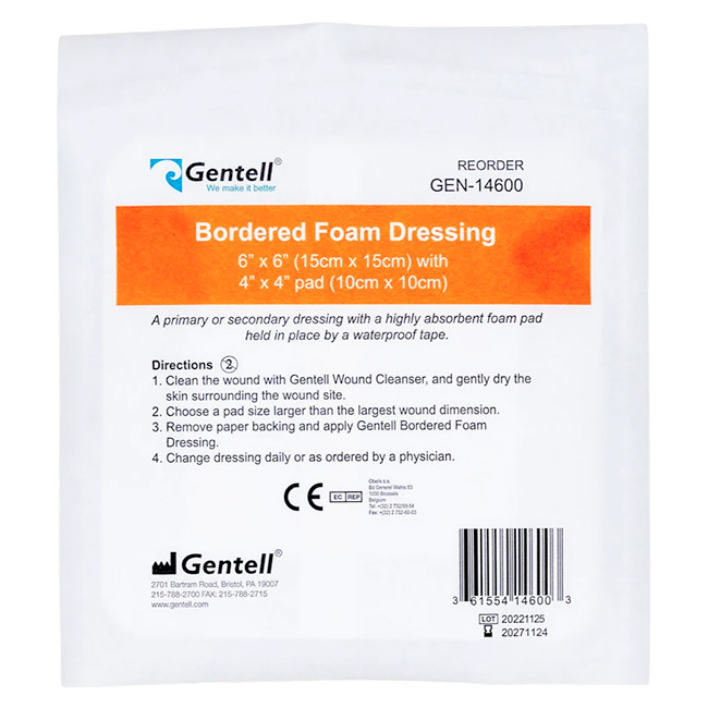 Gentell Bordered Foam Dressing 6"x6" (15x15cm) con Almohadilla de 4"x4" Apósito de Espuma con Borde Adhesivo