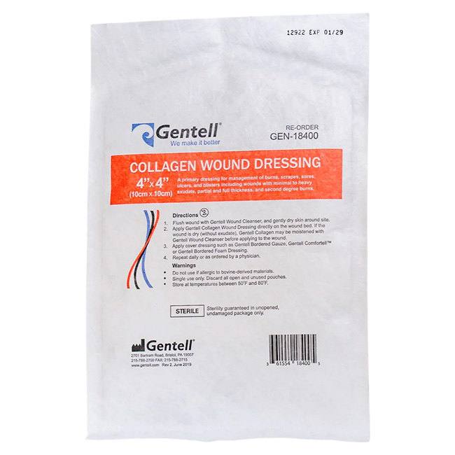 Gentell Collagen Wound Dressing 4"x4" Apósito de Colágeno para Heridas con Exudado, Quemaduras y Úlceras (GEN-18400)