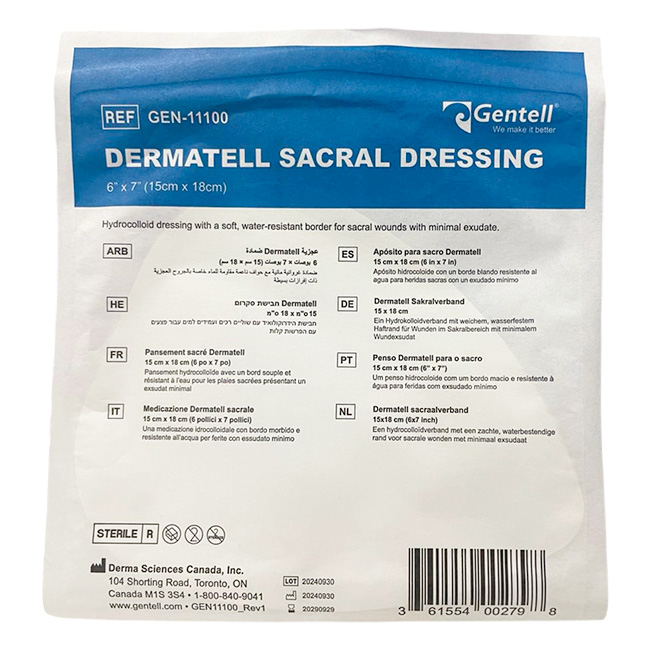 Gentell Dermatell Sacral Dressing 6"x7" (15cmx18cm) Apósito Hidrocoloide Estéril para Heridas Sacras