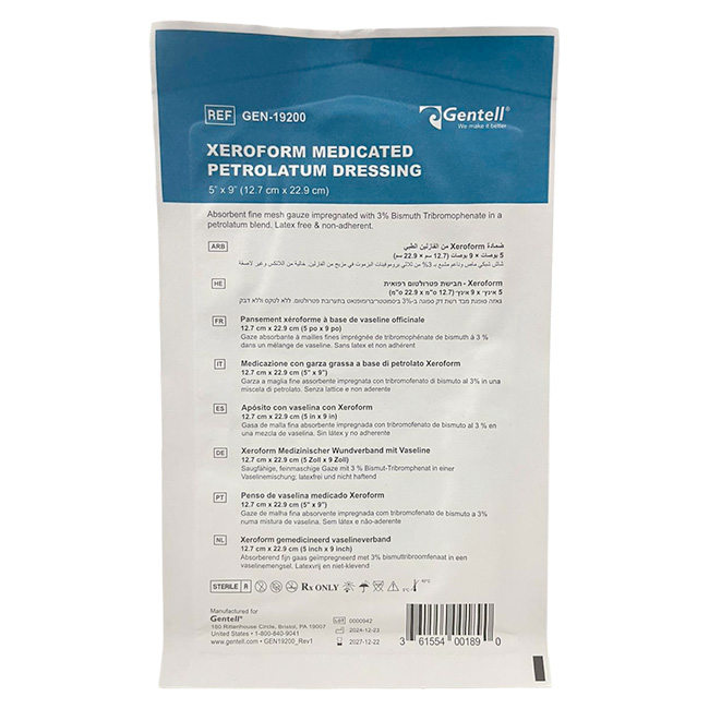 Xeroform Gentell Apósito Medicado con Vaselina 5”x9” con 3% Tribromofenato de Bismuto Ref. GEN-19200