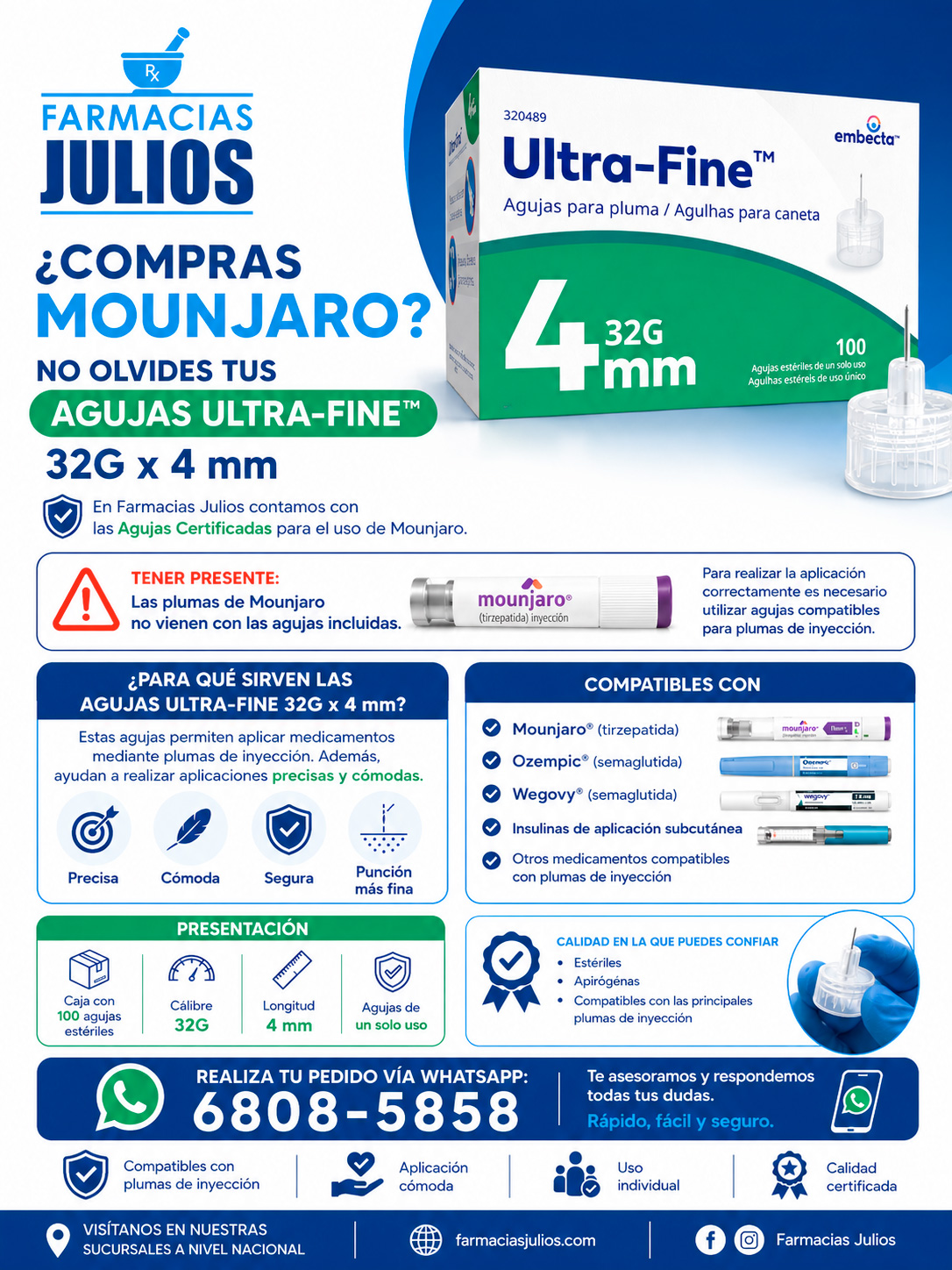 Ultra Fine 32G x 4 mm Agujas para Mounjaro Ozempic y Wegovy Panamá