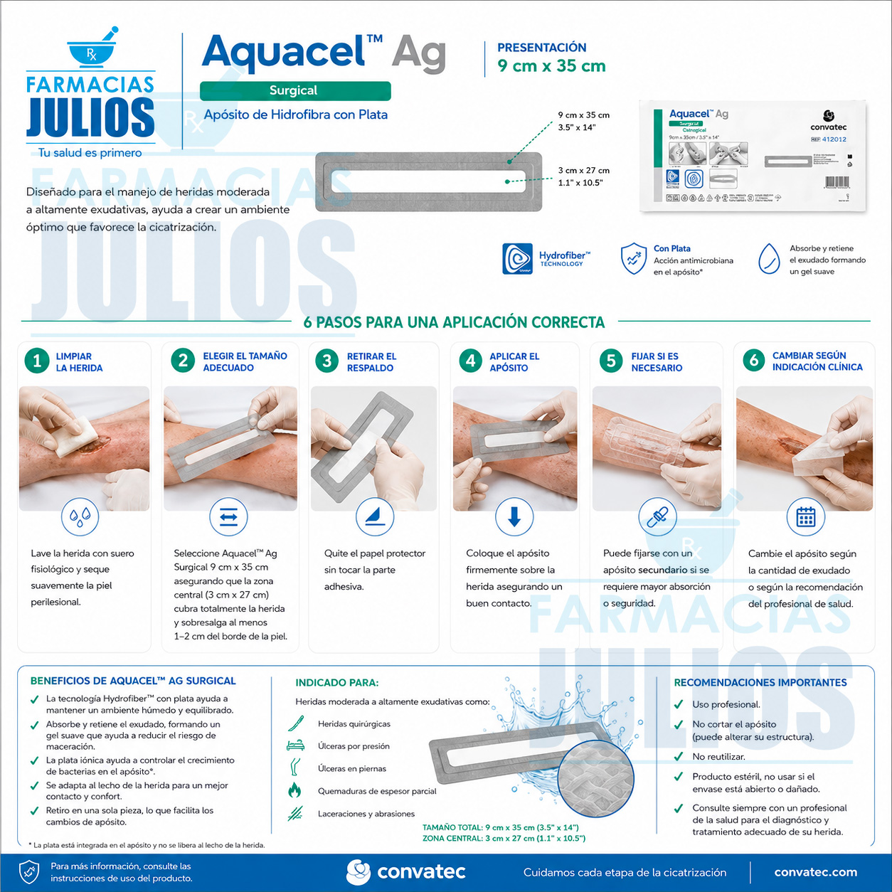AQUACEL™ Ag Surgical 9x35 cm Apósito con Plata | ConvaTec | 10 unidades - Imagen 2